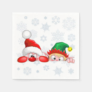 Santa and Elf Cute and funny Characters Peeking Napkin