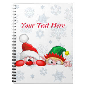 Santa and Elf Cute and funny Characters Peeking  Notebook