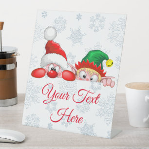 Santa and Elf Cute and funny Characters Peeking   Pedestal Sign
