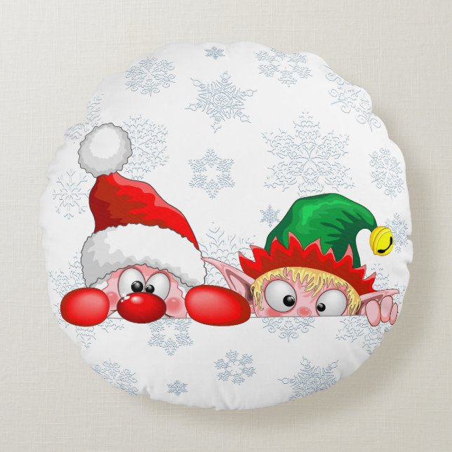 Santa and Elf Cute and funny Characters Peeking  Round Cushion (Front)