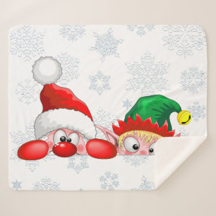Santa and Elf Cute and funny Characters Peeking    Sherpa Blanket