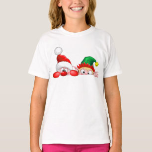Santa and Elf Cute and funny Characters Peeking  T-Shirt