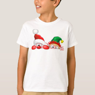 Santa and Elf Cute and funny Characters Peeking   T-Shirt