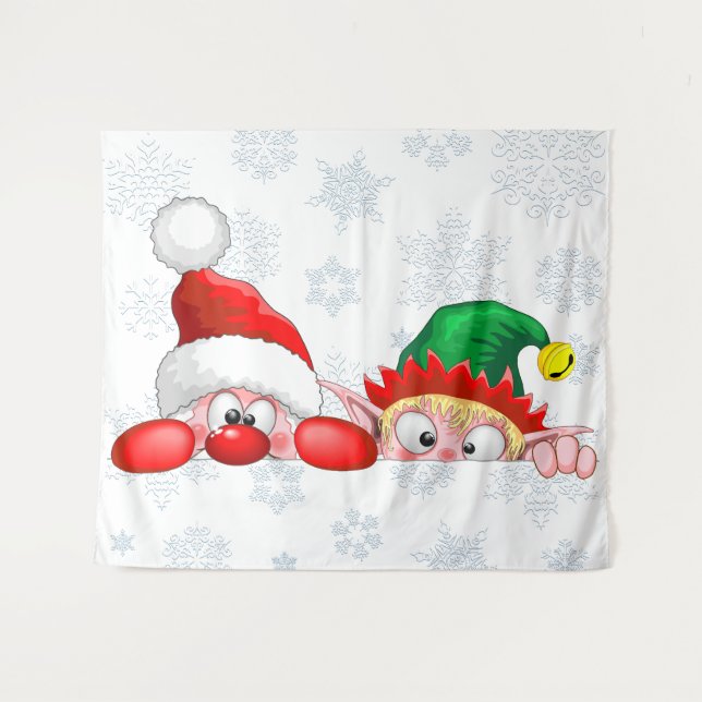 Santa and Elf Cute and funny Characters Peeking  Tapestry (Front (Horizontal))