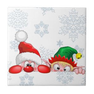Santa and Elf Cute and funny Characters Peeking  Tile