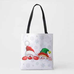 Santa and Elf Cute and funny Characters Peeking Tote Bag