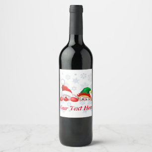 Santa and Elf Cute and funny Characters Peeking Wine Label