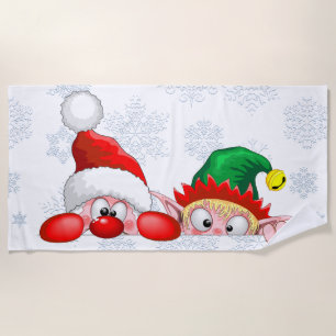 Santa and Elf Cute and funny Christmas Cartoon Cha Beach Towel