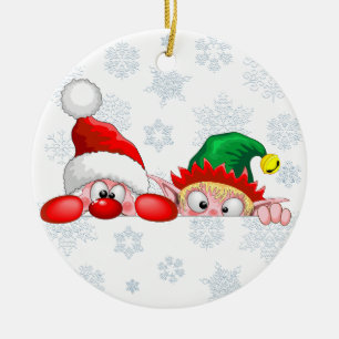Santa and Elf Cute and funny Christmas Cartoon Cha Ceramic Tree Decoration