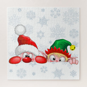 Santa and Elf Cute and funny Christmas Cartoon Cha Jigsaw Puzzle