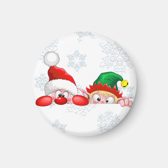 Santa and Elf Cute and funny Christmas Cartoon Cha Magnet (Front)