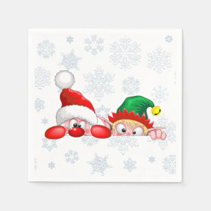Santa and Elf Cute and funny Christmas Cartoon Cha Napkin