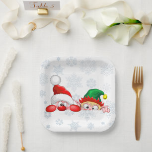 Santa and Elf Cute and funny Christmas Cartoon Cha Paper Plate
