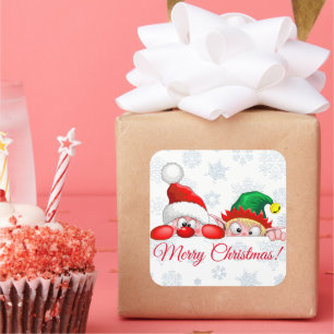 Santa and Elf Cute and funny Christmas Cartoon Cha Square Sticker