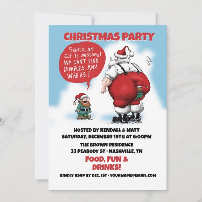 Santa and Elf Funny Cartoon Invitation (Front)