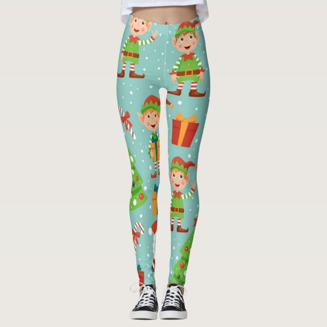 Santa And Elfs Christmas Pattern Leggings (Front)