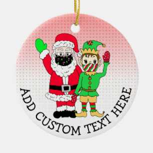Santa and Elves in Facemasks Custom Text Ceramic Tree Decoration
