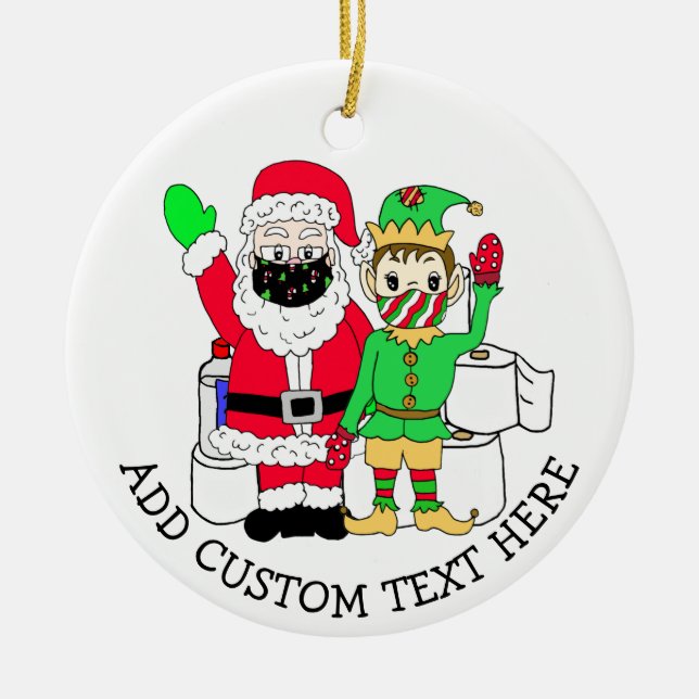 Santa and Elves in Facemasks Custom Text Ceramic Tree Decoration (Front)