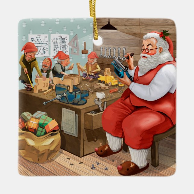 Santa And Elves Making Toys | Christmas Ceramic Ornament (Front)