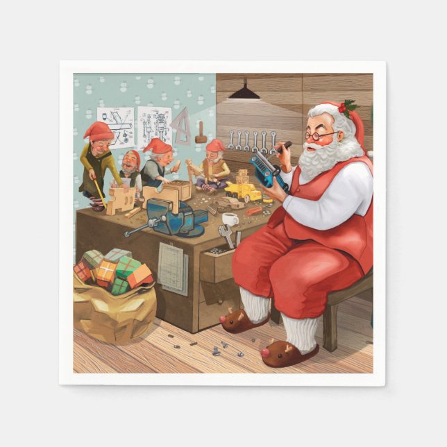 Santa And Elves Making Toys | Christmas Napkin (Front)