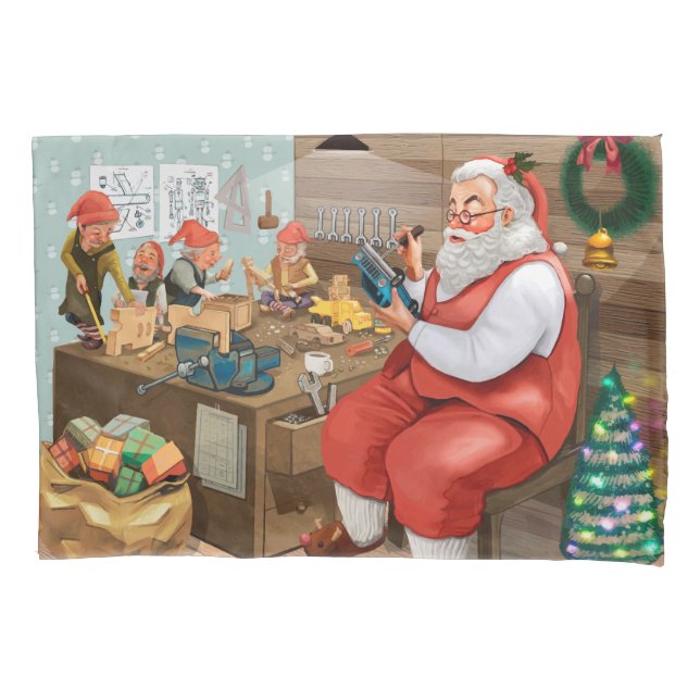 Santa And Elves Making Toys | Christmas Pillowcase (Front)