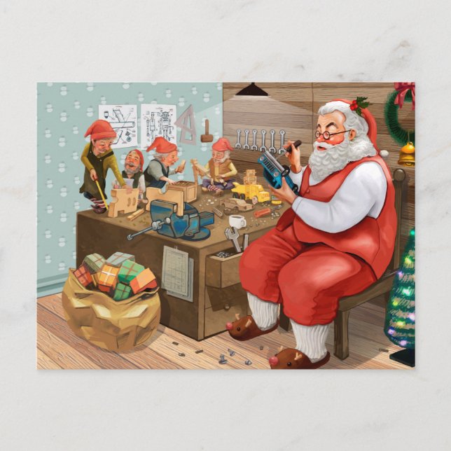 Santa And Elves Making Toys | Christmas Postcard (Front)