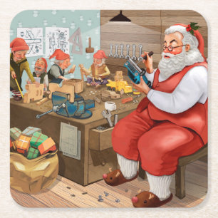 Santa And Elves Making Toys Christmas Square Paper Coaster