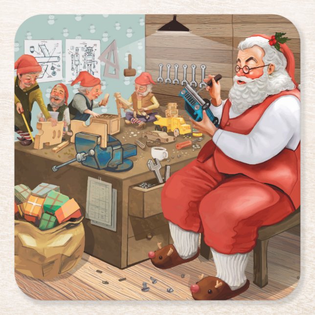 Santa And Elves Making Toys | Christmas Square Paper Coaster (Front)