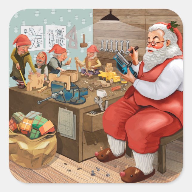 Santa And Elves Making Toys | Christmas Square Sticker (Front)