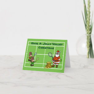 Santa and Elves Playing Tennis Christmas Card
