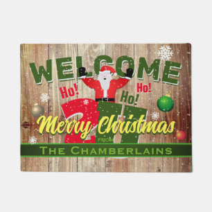 Santa and Family Name Merry Christmas on Barn Wood Doormat