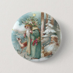 Santa and Forest Animals Vintage Christmas 6 Cm Round Badge