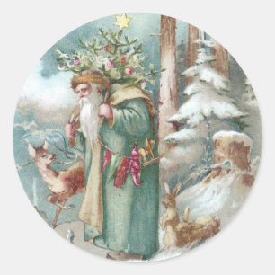 Santa and Forest Animals Vintage Christmas Classic Round Sticker