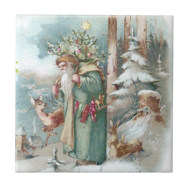 Santa and Forest Animals Vintage Christmas Tile (Front)