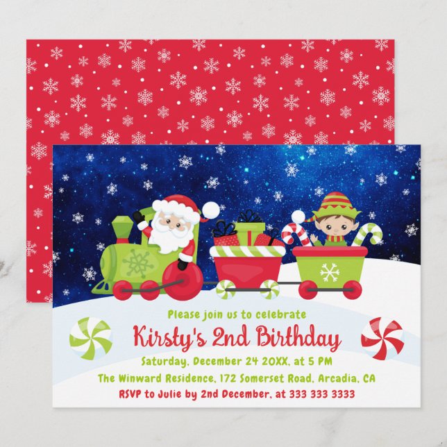 Santa and Friends Christmas Train Kids Birthday Invitation (Front/Back)