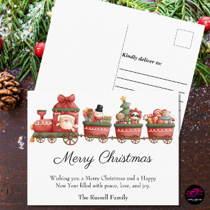 Santa and Friends Cute Christmas Train Holiday Postcard