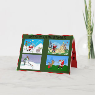 Santa and friends golfing on a Christmas card