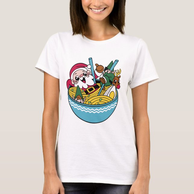 Santa and Friends Warm Up in a Bowl of Ramen T-Shirt (Front)