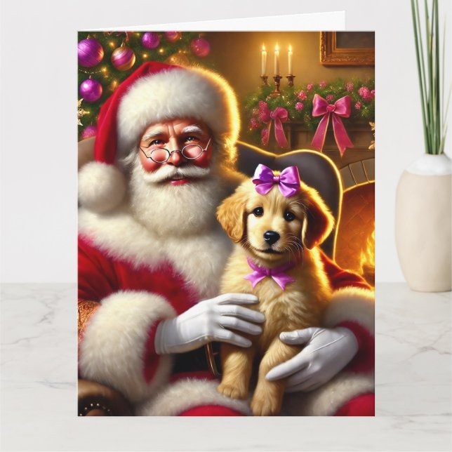 Santa and Golden Retriever Puppy with Pink Bow Card (Front)