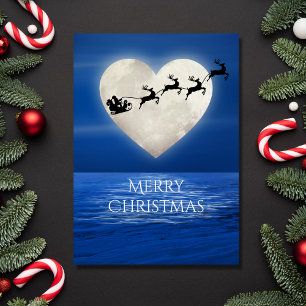 Santa and Heart Full Moon Beach Christmas Holiday Card