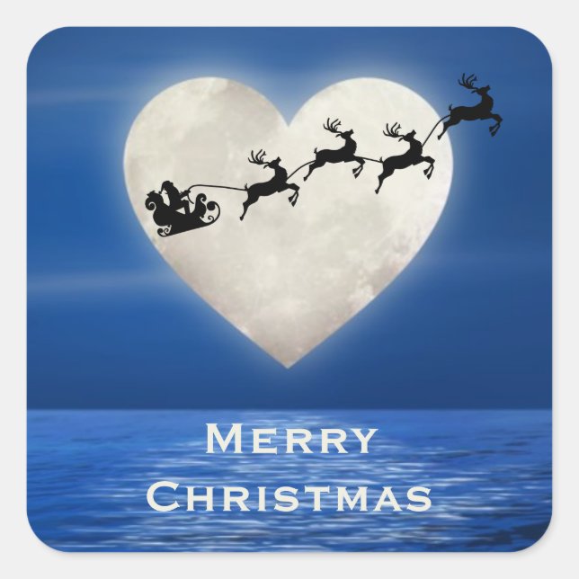 Santa and Heart Full Moon Beach Merry Christmas Square Sticker (Front)