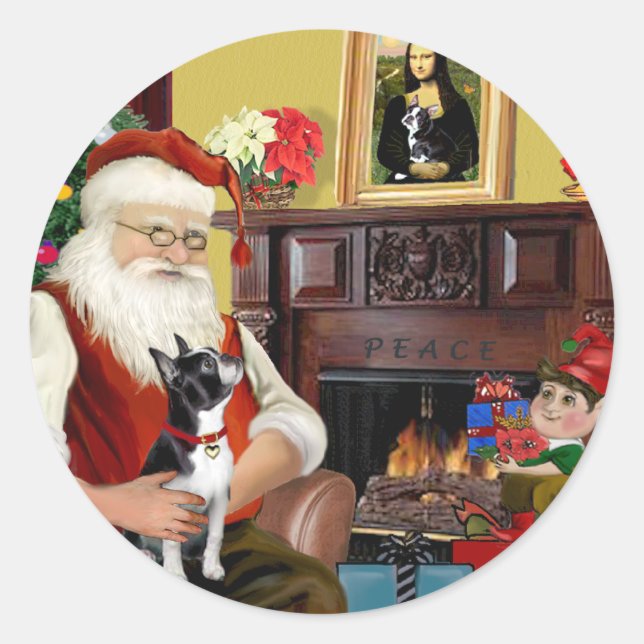 Santa and his Boston Terrier Classic Round Sticker (Front)