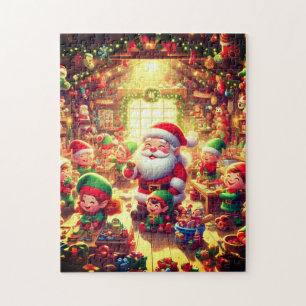 Santa and His Cute Little Elves Christmas Holiday Jigsaw Puzzle