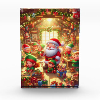 Santa and His Cute Little Elves in His Workshop Photo Block
