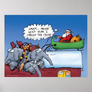 Santa and His Elephants Funny Cartoon Poster