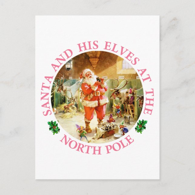 Santa and His Elves at the North Pole Holiday Postcard (Front)