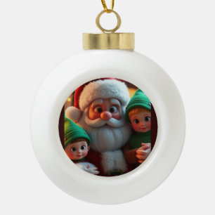 Santa and his elves ceramic ball christmas ornament