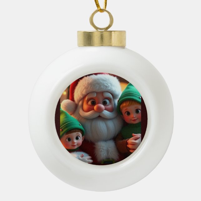 Santa and his elves ceramic ball christmas ornament (Front)