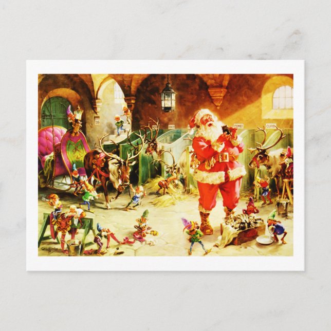 Santa and His Elves in The North Pole Stables Holiday Postcard (Front)