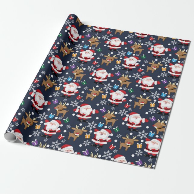 Santa And His Favourite Reindeer Pattern Wrapping Paper (Unrolled)